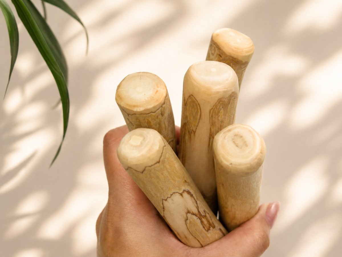 Several coffee wood chew sticks held upright in a hand, grain visible in daylight